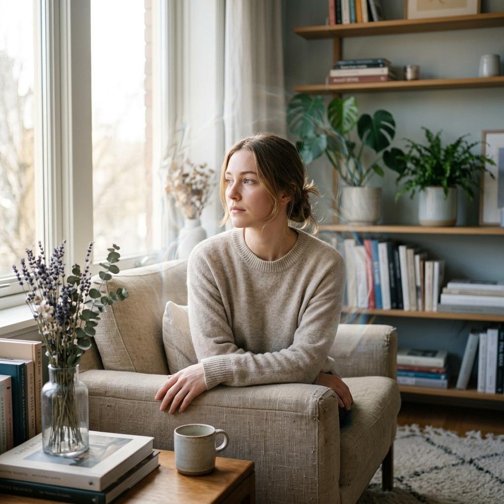 Woman sitting thoughtfully in an armchair beside a sunlit window