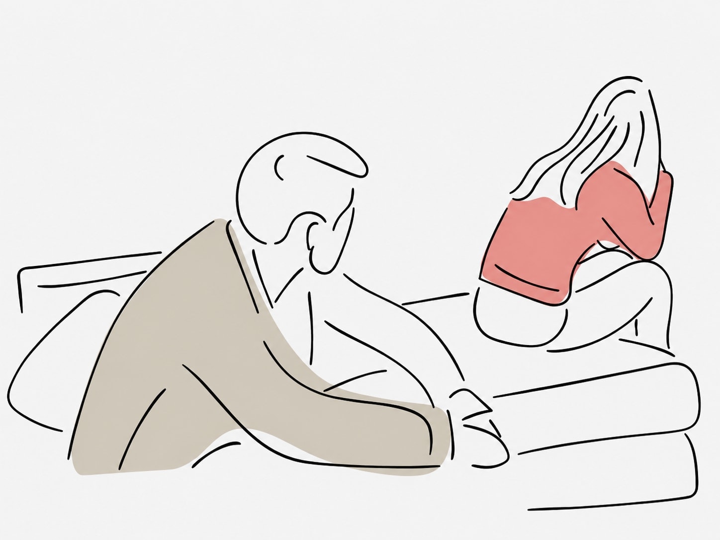 Line illustration of a couple sitting apart on a bed, turned away from each other